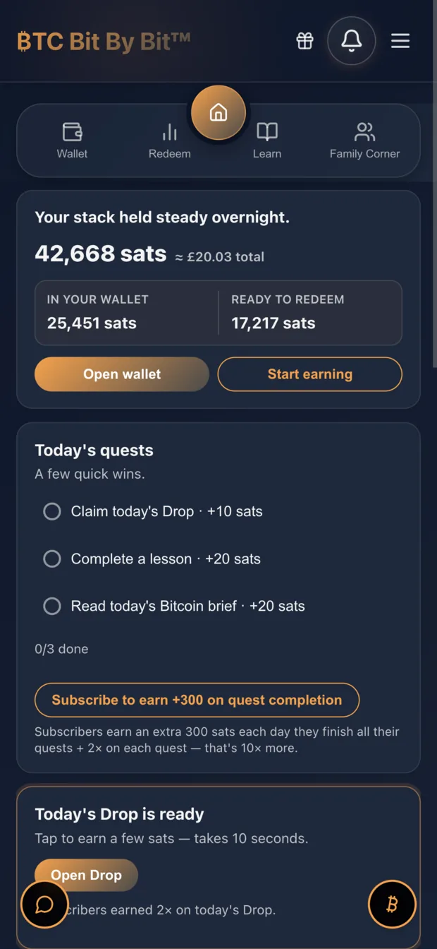 Your daily Bitcoin habit — balance, quests, and earning